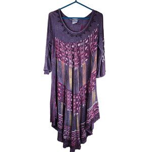 Boho Style Purple‎ Tunic Dress With Asymmetrical Hem & Embroidered Neckline